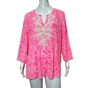 Lilly Pulitzer Marilna Neon Pink/White Embroidered Havana Pink Tunic Top Size L